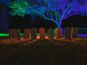 Night lineup of of X-Small Halloween Wood Tombstones by How To Holiday