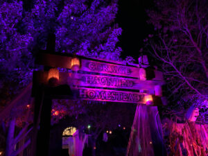 Halloween 2020 - Corvage Haunted Homestead sign under purple and red lights