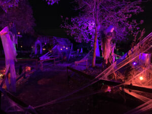 Halloween 2020 - Halloween path with candles and ghosts in tree - halloween path with creepy barn and red and purple lighting