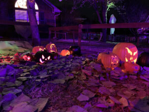 Halloween 2020 - Halloween pumpkin patch with jack-o-lanterns made from foam pumpkins and purple lighting