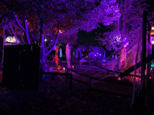 Halloween 2020 - Haunted yard path with fencing and barn under purple and red lights