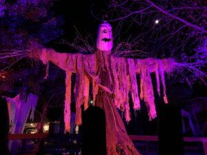 Halloween 2020 - Large Halloween scarecrow under a purple and red light