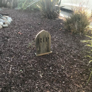 Small Gothic Point Wood Tombstone with burned RIP letters in a garden for Halloween decor