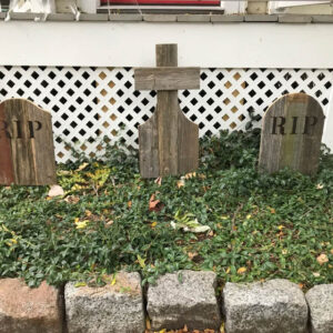 Tombstone Trio in front of white lattice