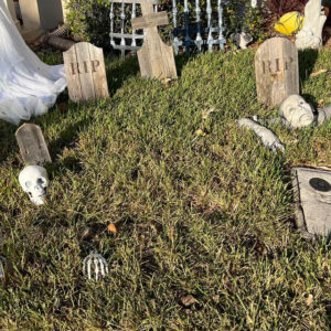 Wood Tombstones with various Halloween Decor